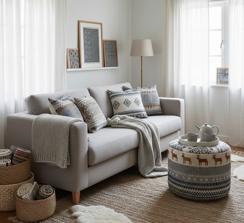 Small living space styled with Scandinavian textiles