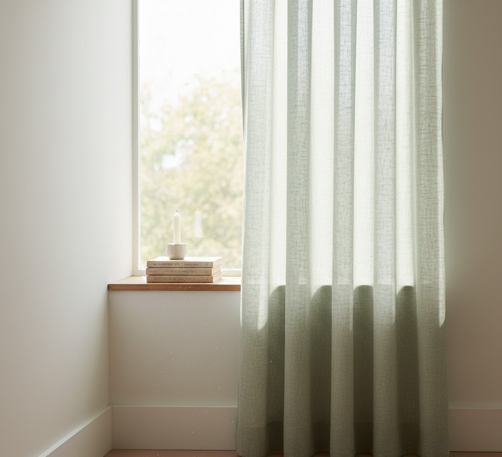 Light linen curtains in pale sage