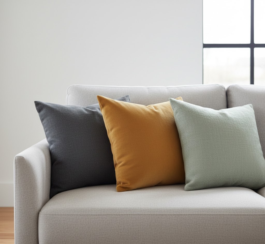 Three decorative cushions in coordinating colors